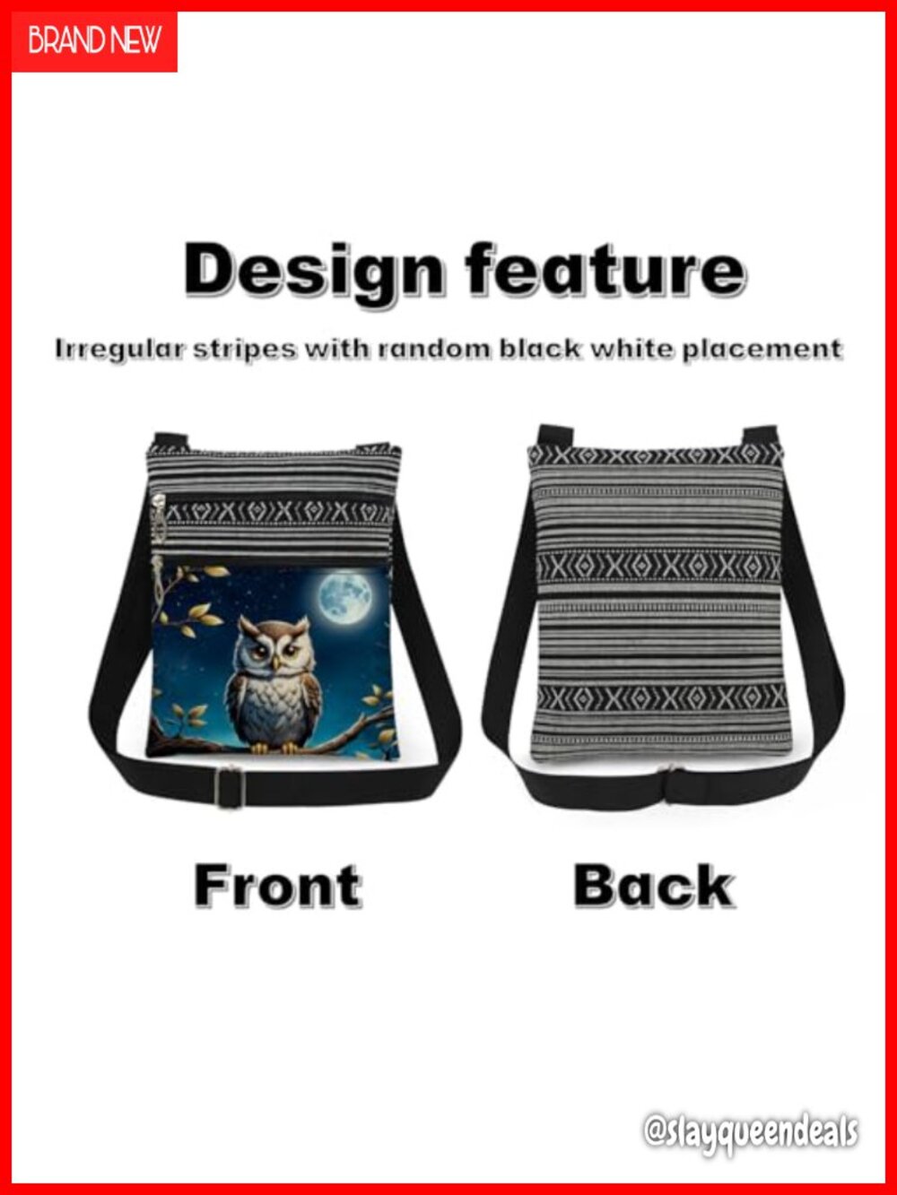Owl Print Crossbody Bag Polyester Adjustable Strap Double Zipper - Picture 6 of 6